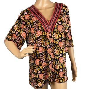 Soft Surroundings Floral  Top V Neck Jersey Knit Black Pink Size L Boho Indie